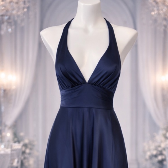 NWT Navy Blue Satin Maxi Dress Open Back Spaghetti Strap Sleeveless 12 - Picture 3 of 8